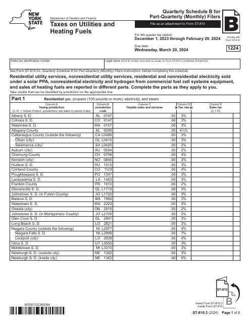 Form ST-810.3 Schedule B Taxes on Utilities and Heating Fuels - 4th Quarter - New York, 2024