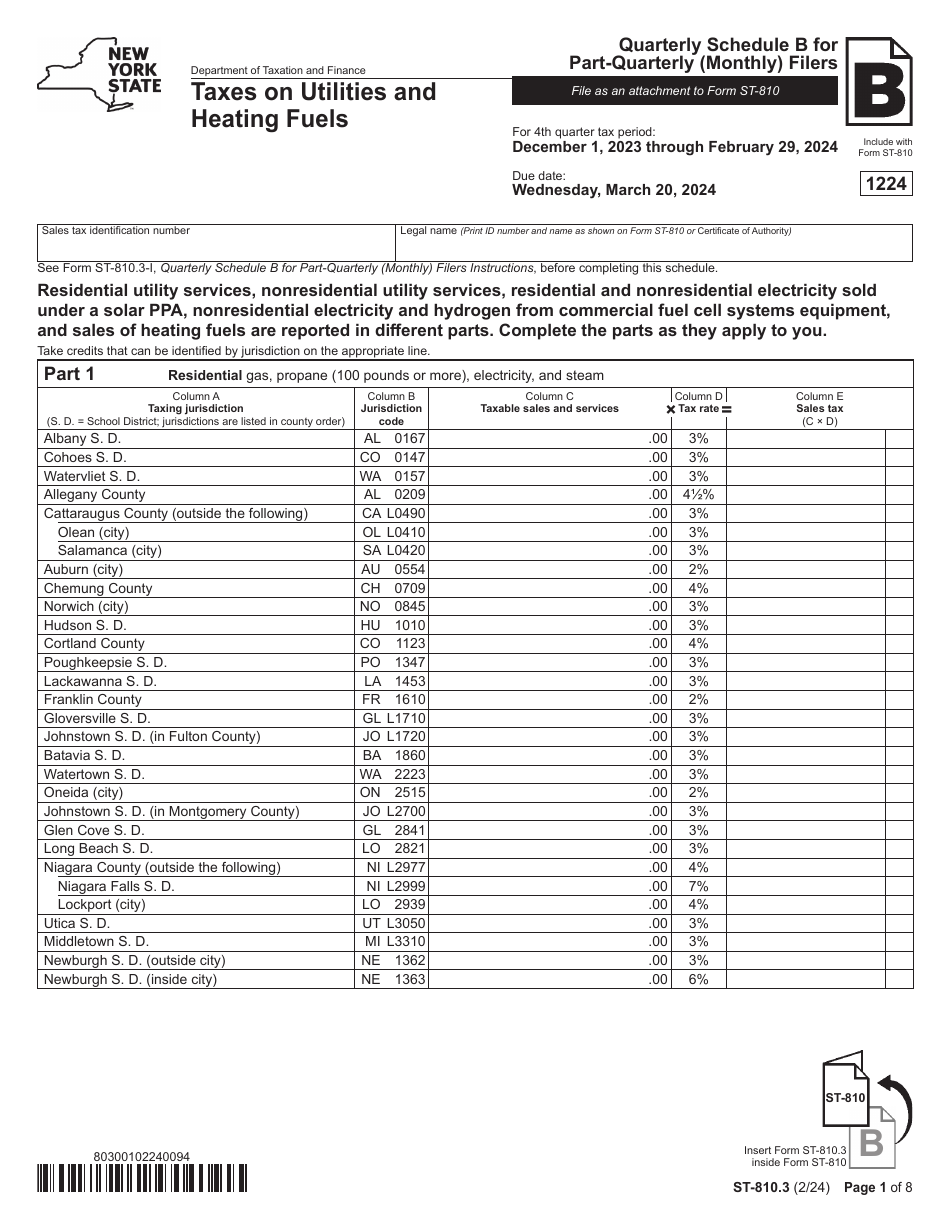 Form ST-810.3 Schedule B Taxes on Utilities and Heating Fuels - 4th Quarter - New York, Page 1