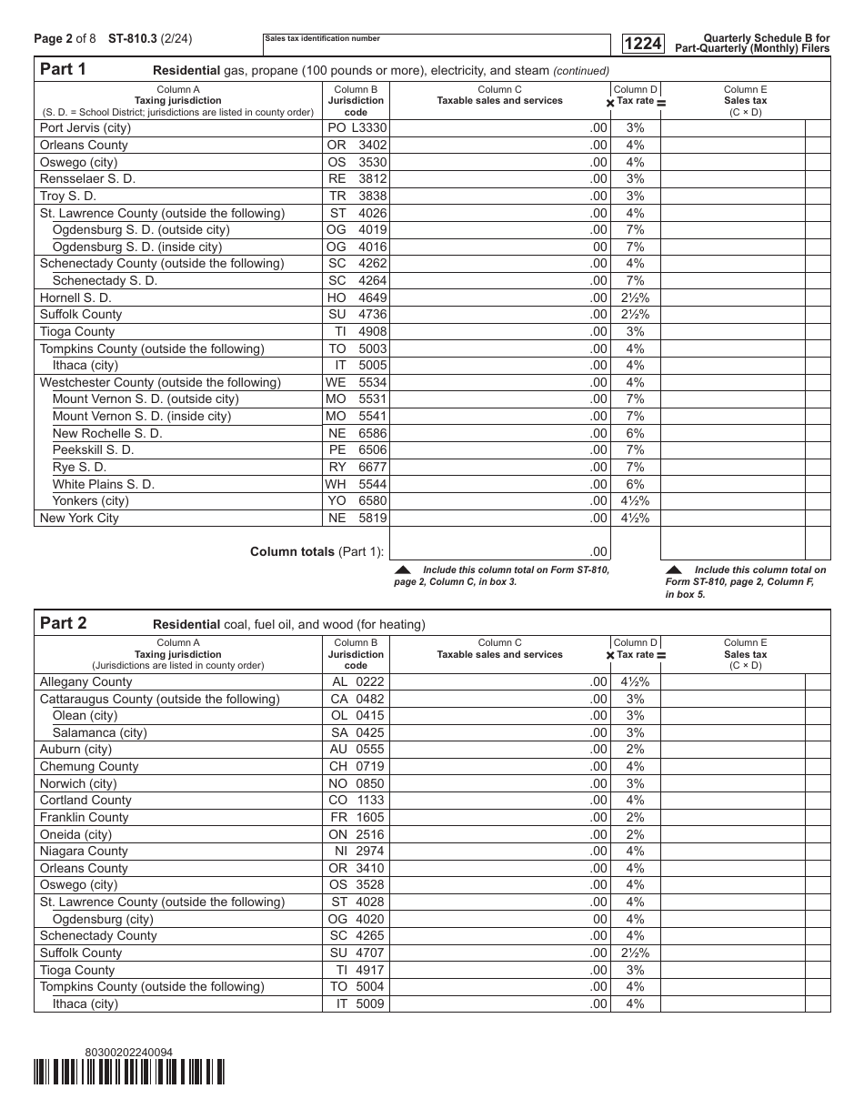 Form ST-810.3 Schedule B Taxes on Utilities and Heating Fuels - 4th Quarter - New York, Page 2