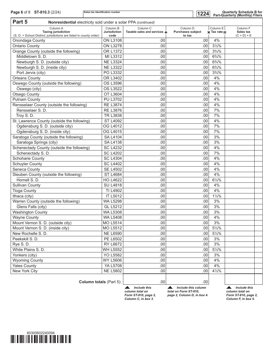 Form ST-810.3 Schedule B Taxes on Utilities and Heating Fuels - 4th Quarter - New York, Page 6