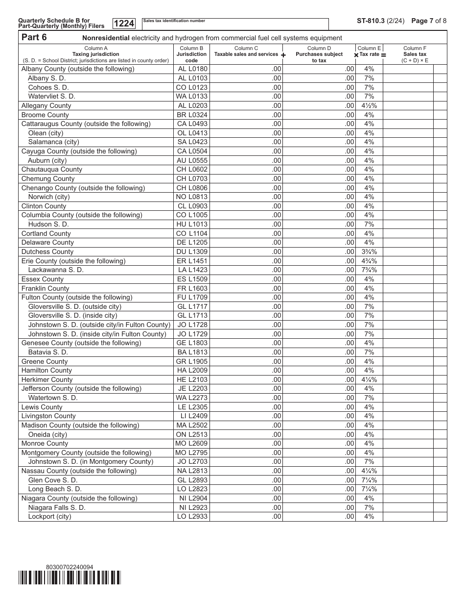 Form ST-810.3 Schedule B Taxes on Utilities and Heating Fuels - 4th Quarter - New York, Page 7