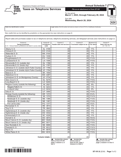 Form ST-101.8 Schedule T Taxes on Telephone Services - Annual - New York, 2024