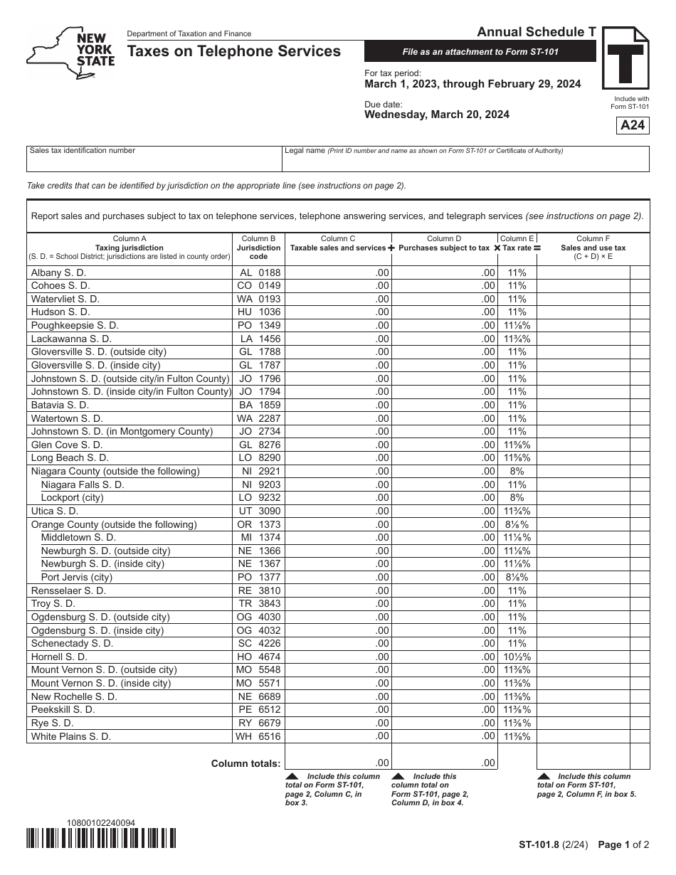 Form ST-101.8 Schedule T Taxes on Telephone Services - Annual - New York, Page 1