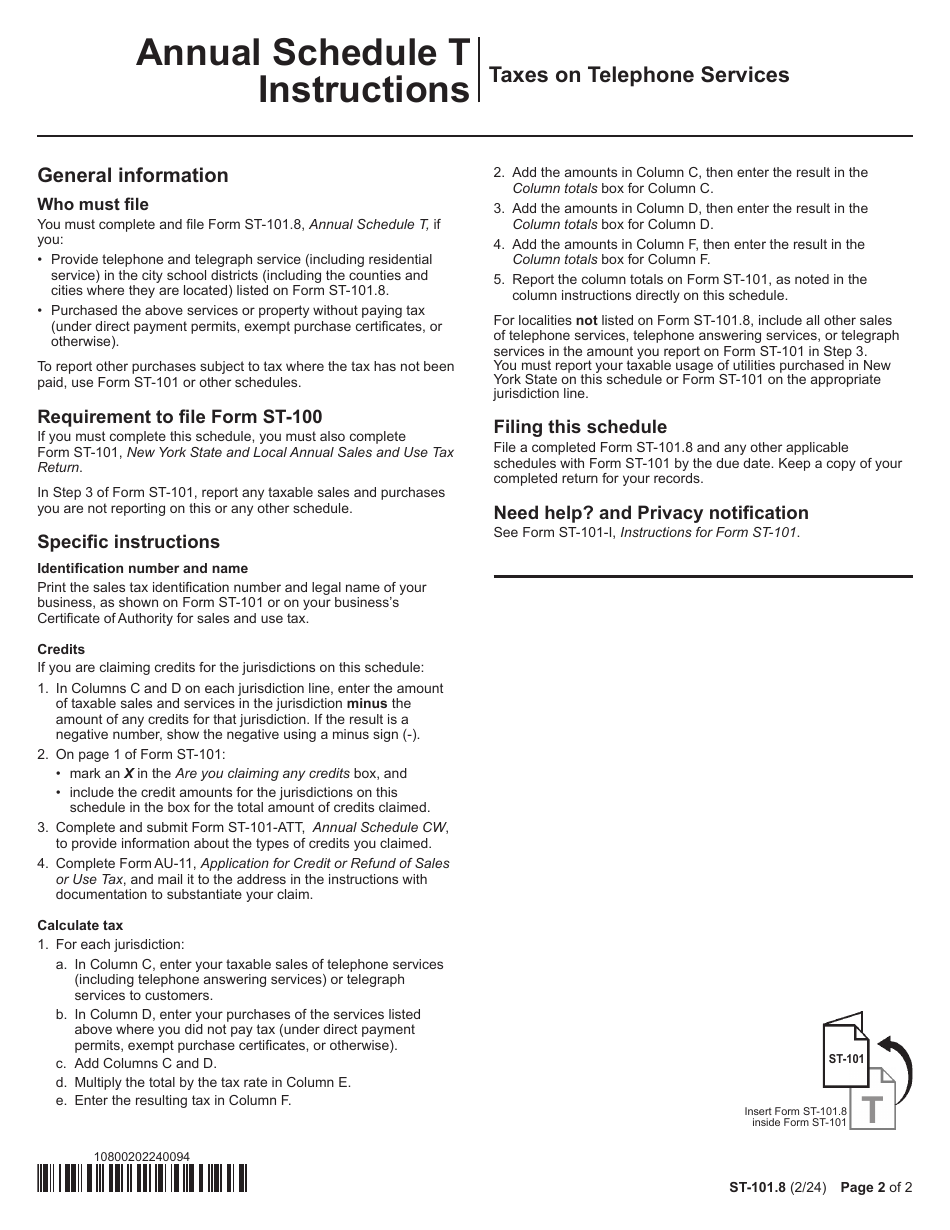 Form ST-101.8 Schedule T Taxes on Telephone Services - Annual - New York, Page 2