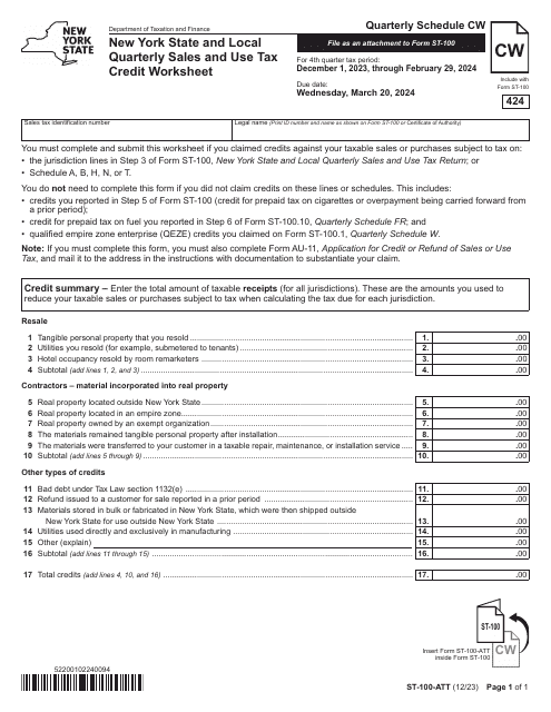 Form ST-100-ATT Schedule CW New York State and Local Quarterly Sales and Use Tax Credit Worksheet - 4th Quarter - New York, 2024