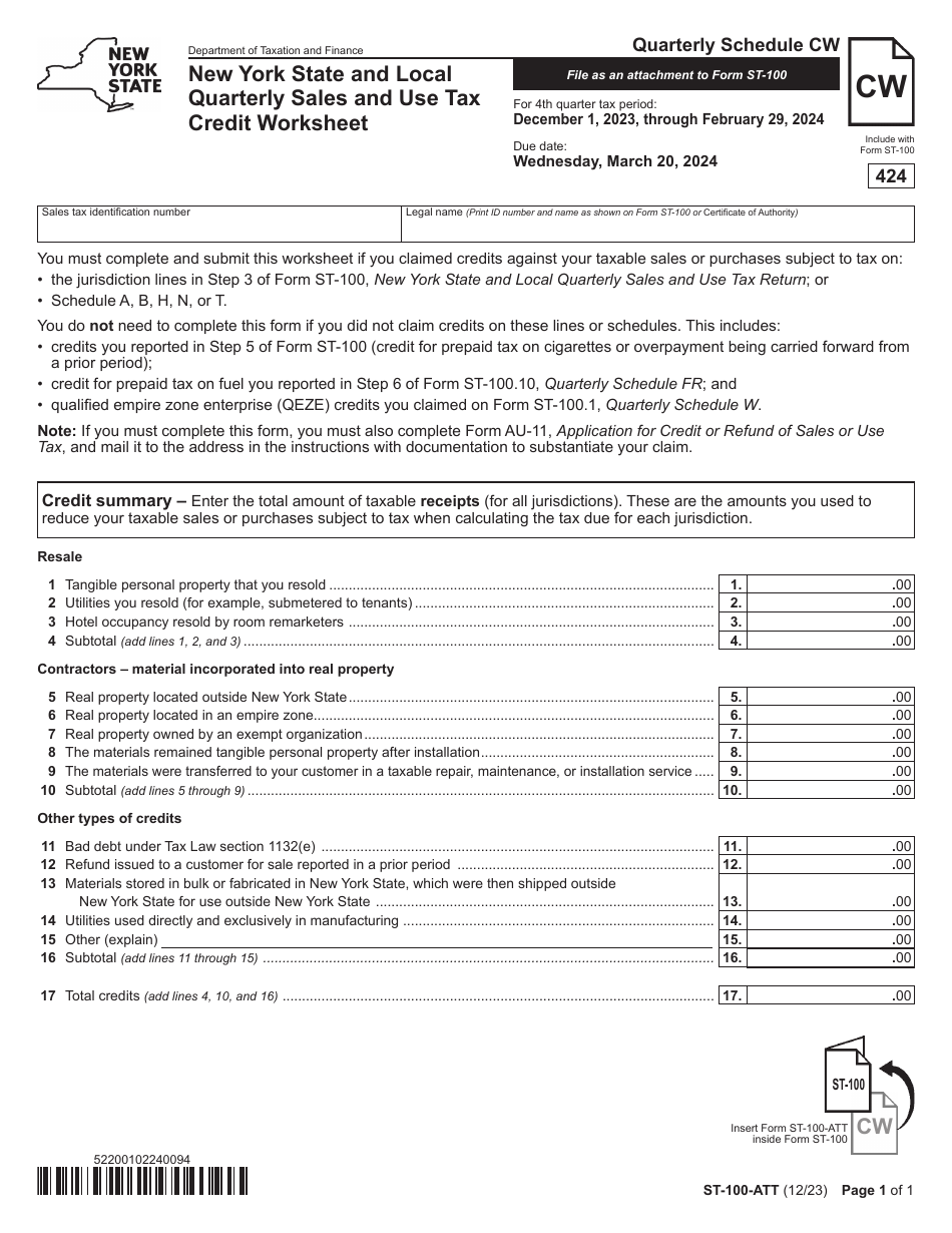 Form ST-100-ATT Schedule CW New York State and Local Quarterly Sales and Use Tax Credit Worksheet - 4th Quarter - New York, Page 1