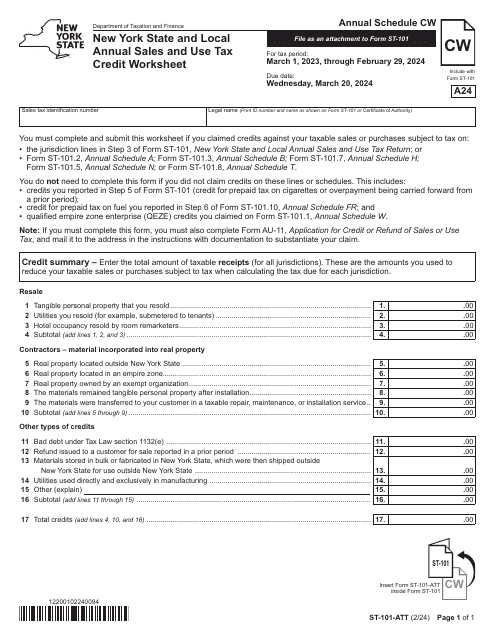 Form ST-101-ATT Schedule CW New York State and Local Annual Sales and Use Tax Credit Worksheet - Annual - New York, 2024