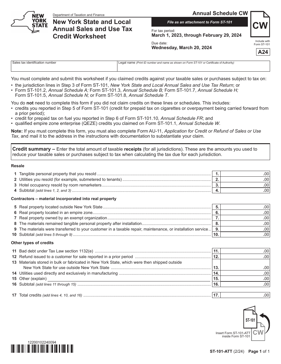 Form ST-101-ATT Schedule CW New York State and Local Annual Sales and Use Tax Credit Worksheet - Annual - New York, Page 1
