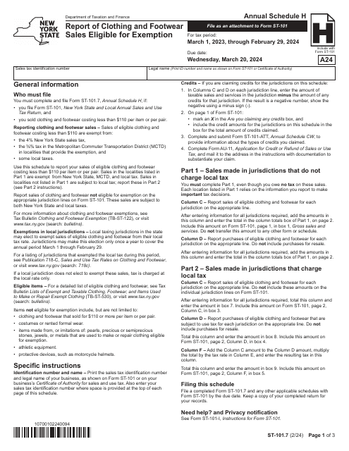 Form ST-101.7 Schedule H Report of Clothing and Footwear Sales Eligible for Exemption - Annual - New York, 2024