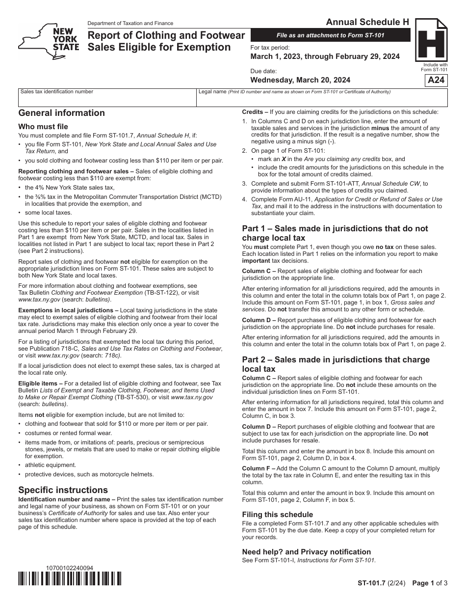 Form ST-101.7 Schedule H Report of Clothing and Footwear Sales Eligible for Exemption - Annual - New York, Page 1