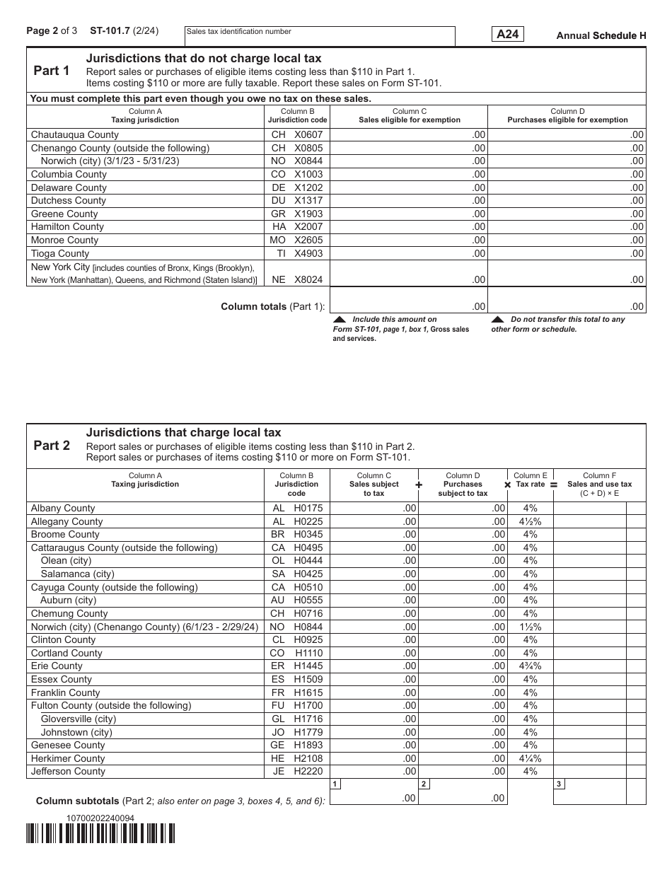 Form ST-101.7 Schedule H Report of Clothing and Footwear Sales Eligible for Exemption - Annual - New York, Page 2