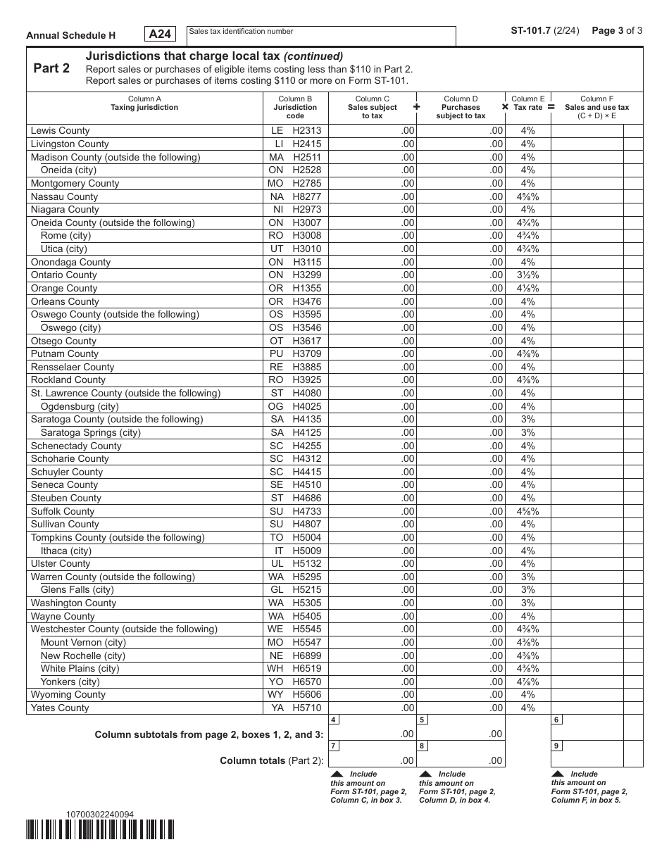 Form ST-101.7 Schedule H Report of Clothing and Footwear Sales Eligible for Exemption - Annual - New York, Page 3