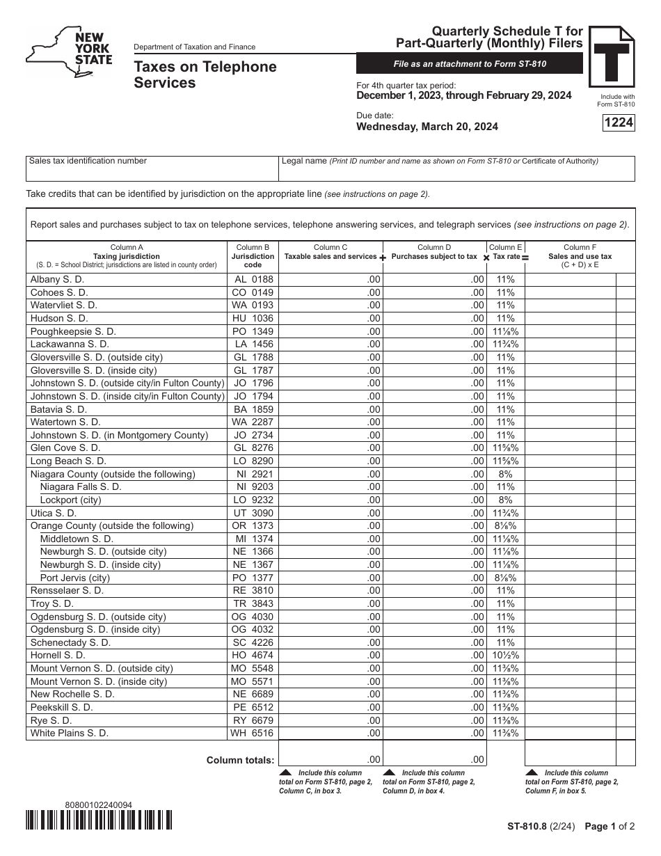 Form ST-810.8 Schedule T Taxes on Telephone Services - 4th Quarter - New York, Page 1