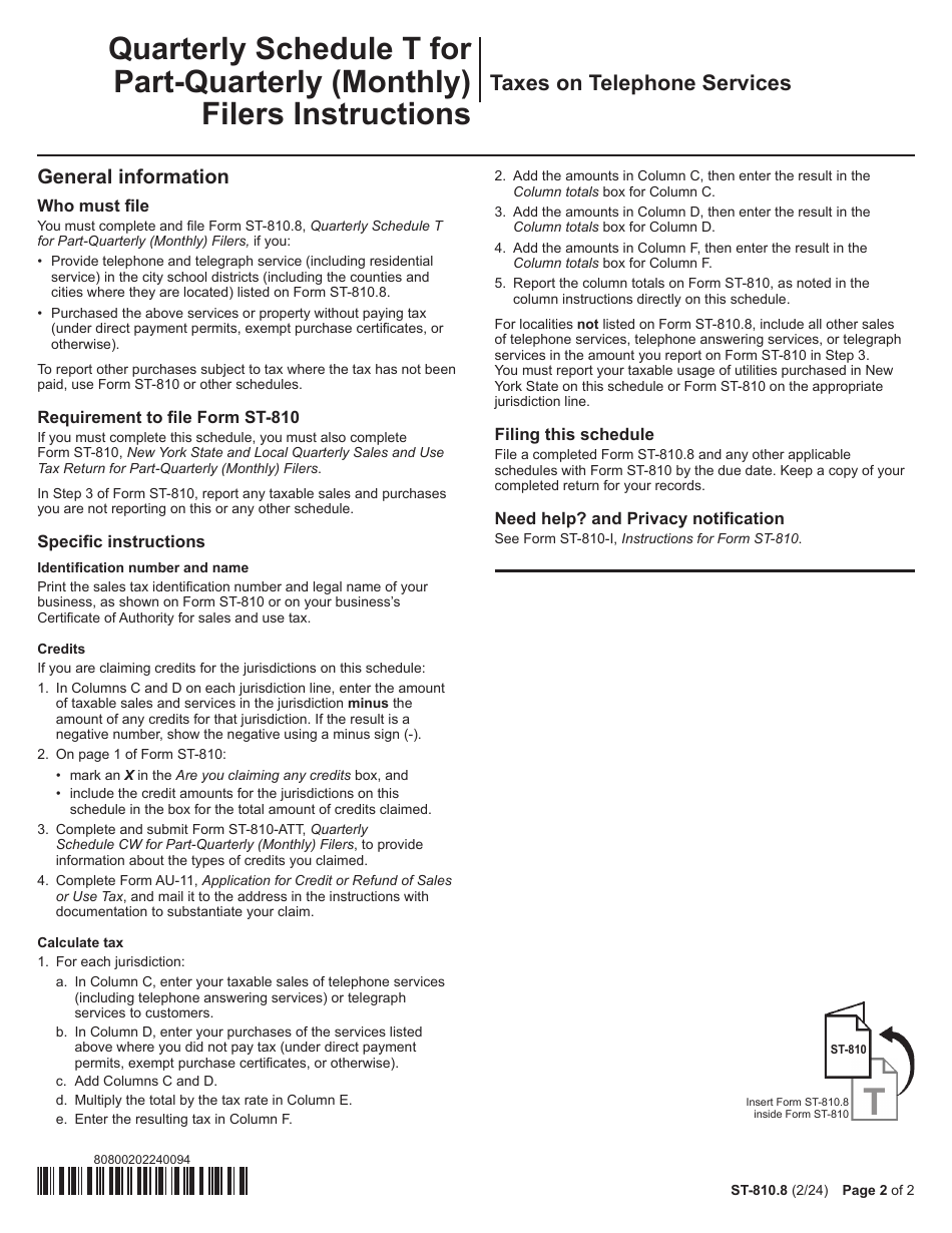 Form ST-810.8 Schedule T Taxes on Telephone Services - 4th Quarter - New York, Page 2
