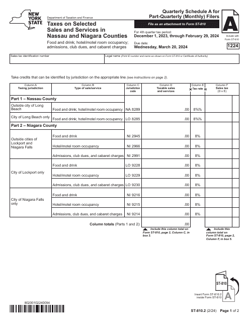 Form ST-810.2 Schedule A Taxes on Selected Sales and Services in Nassau and Niagara Counties - 4th Quarter - New York, 2024