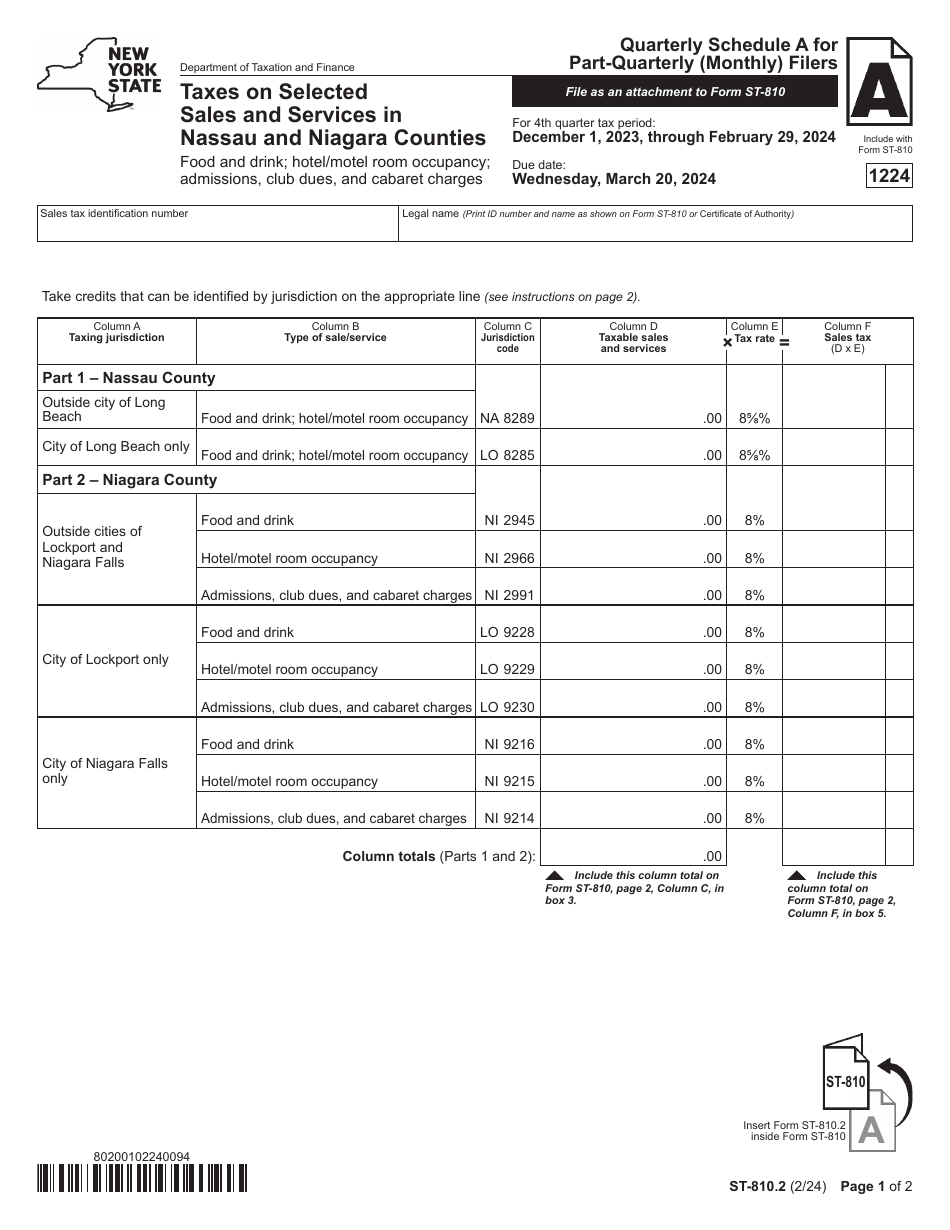 Form ST-810.2 Schedule A Taxes on Selected Sales and Services in Nassau and Niagara Counties - 4th Quarter - New York, Page 1