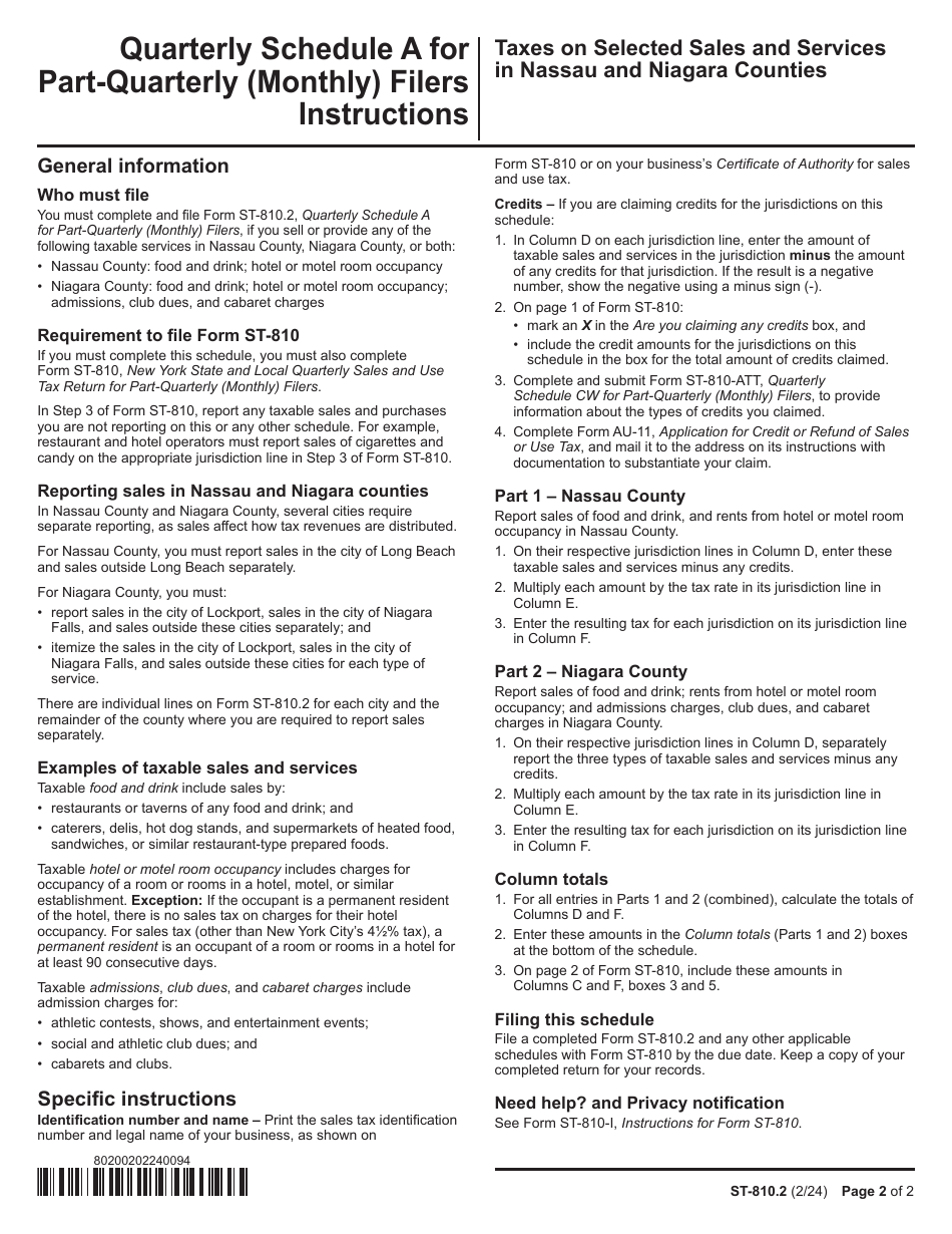 Form ST-810.2 Schedule A Taxes on Selected Sales and Services in Nassau and Niagara Counties - 4th Quarter - New York, Page 2