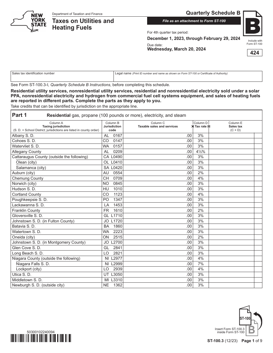 Form ST-100.3 Schedule B Taxes on Utilities and Heating Fuels - 4th Quarter - New York, Page 1