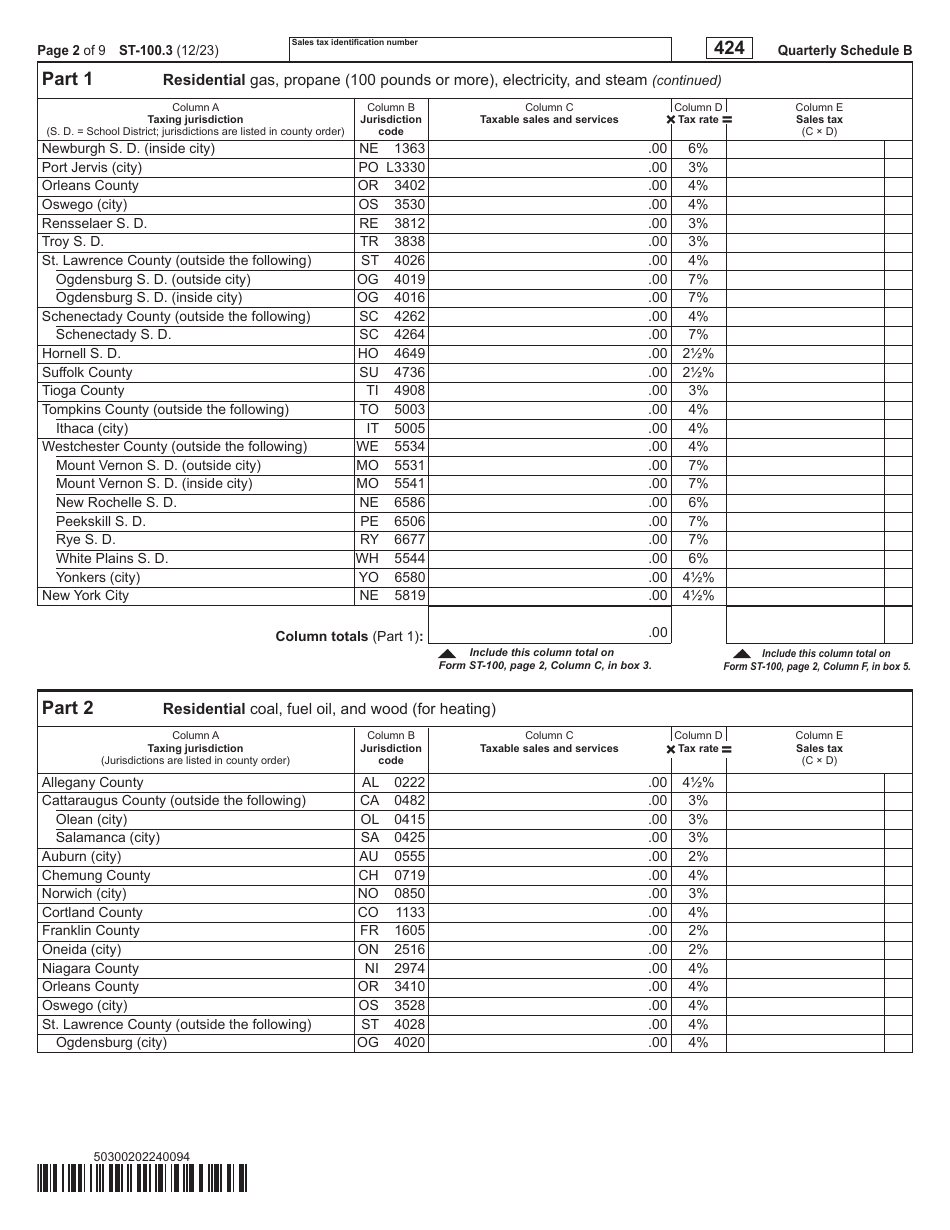 Form ST-100.3 Schedule B Taxes on Utilities and Heating Fuels - 4th Quarter - New York, Page 2