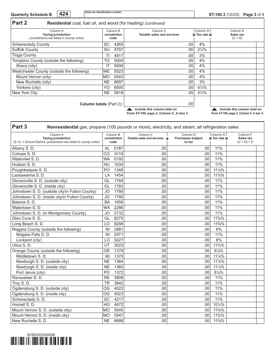 Form ST-100.3 Schedule B Taxes on Utilities and Heating Fuels - 4th Quarter - New York, Page 3