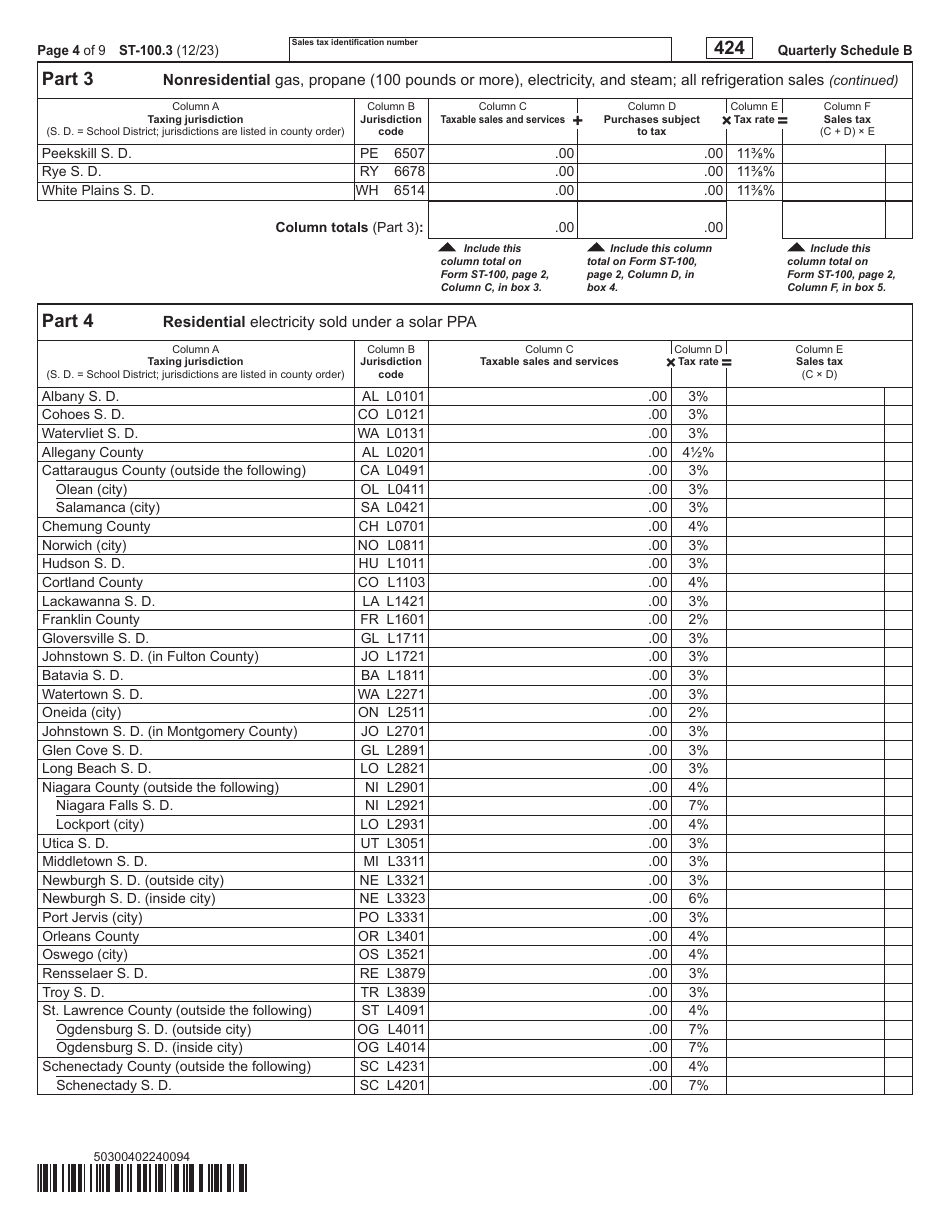 Form ST-100.3 Schedule B Taxes on Utilities and Heating Fuels - 4th Quarter - New York, Page 4