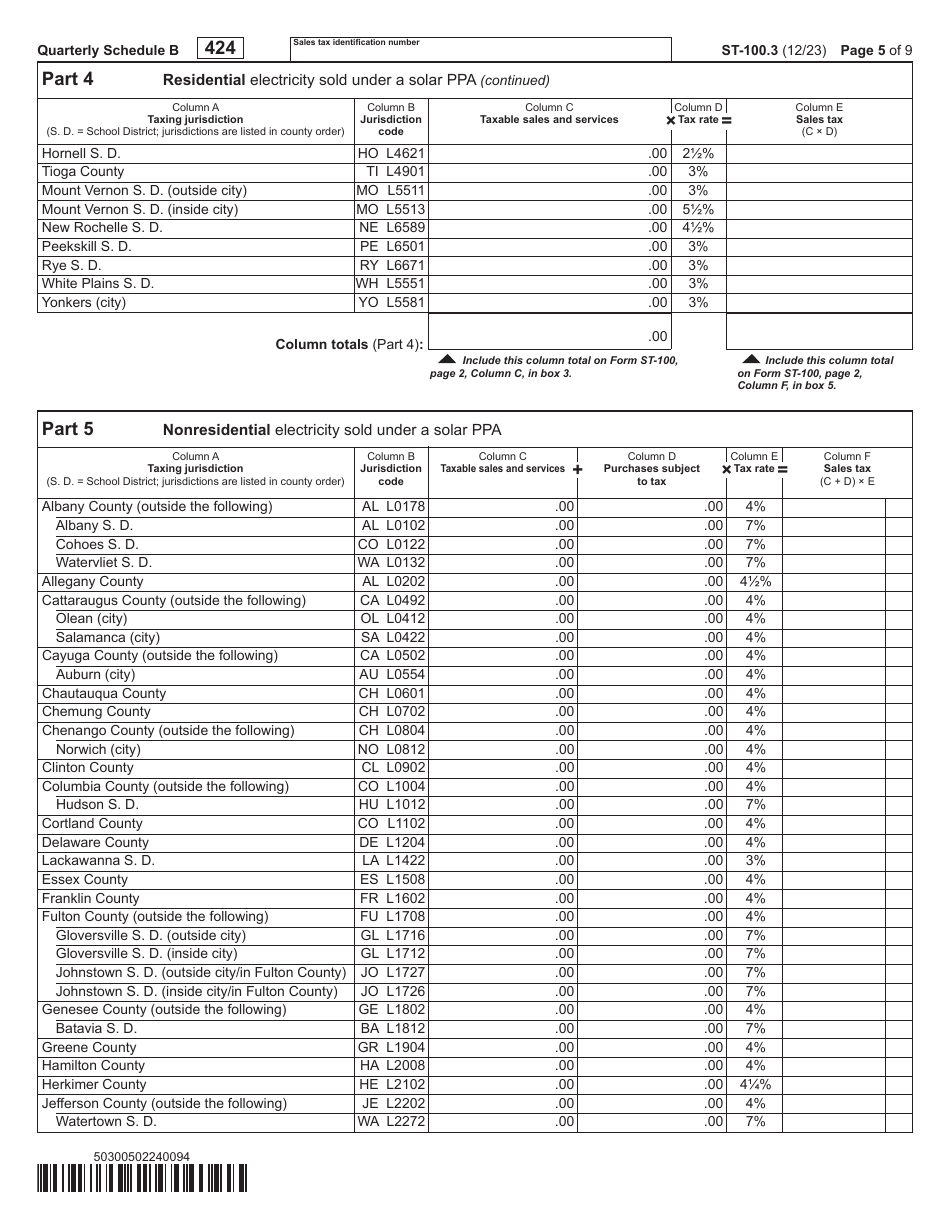 Form ST-100.3 Schedule B Taxes on Utilities and Heating Fuels - 4th Quarter - New York, Page 5