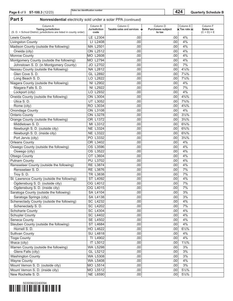 Form ST-100.3 Schedule B Taxes on Utilities and Heating Fuels - 4th Quarter - New York, Page 6