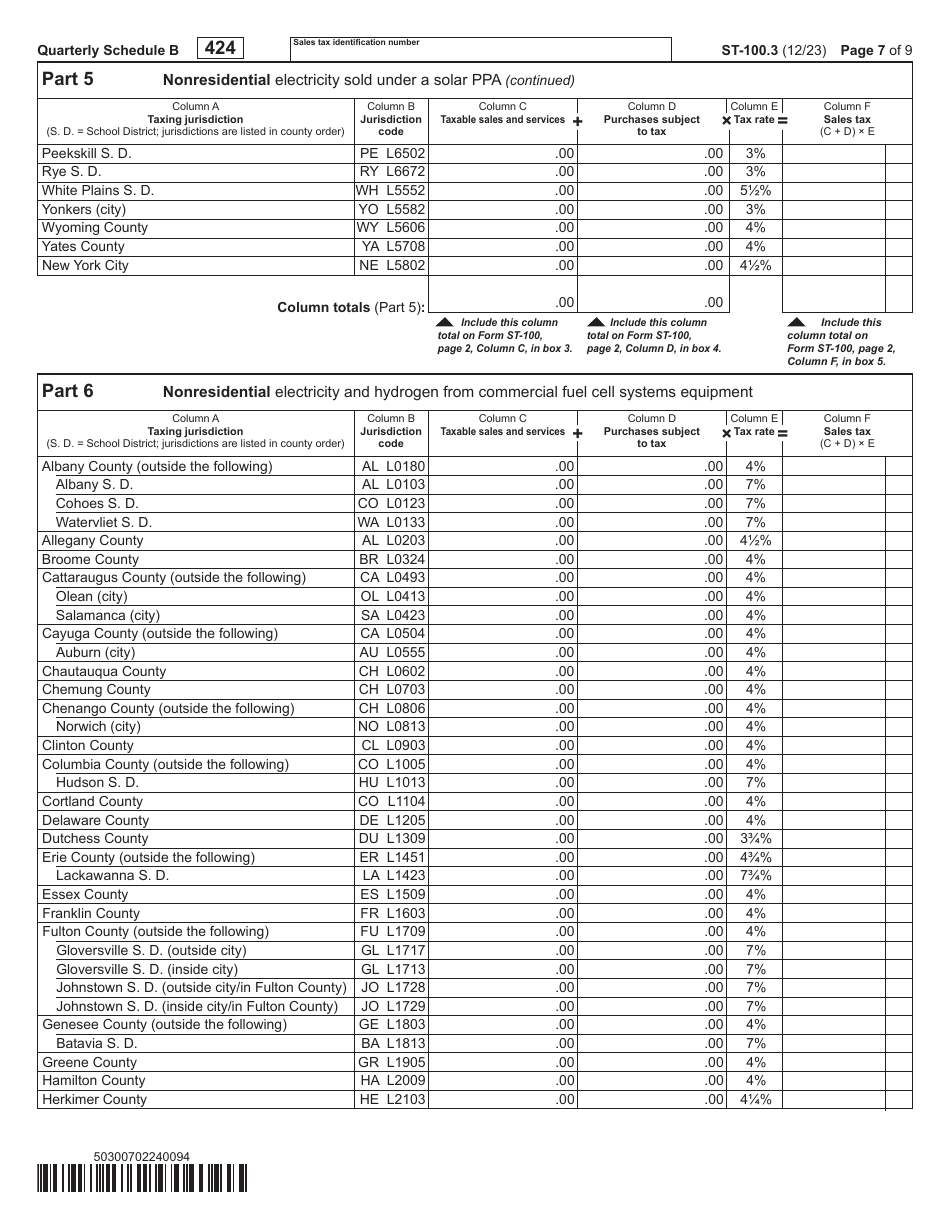 Form ST-100.3 Schedule B Taxes on Utilities and Heating Fuels - 4th Quarter - New York, Page 7