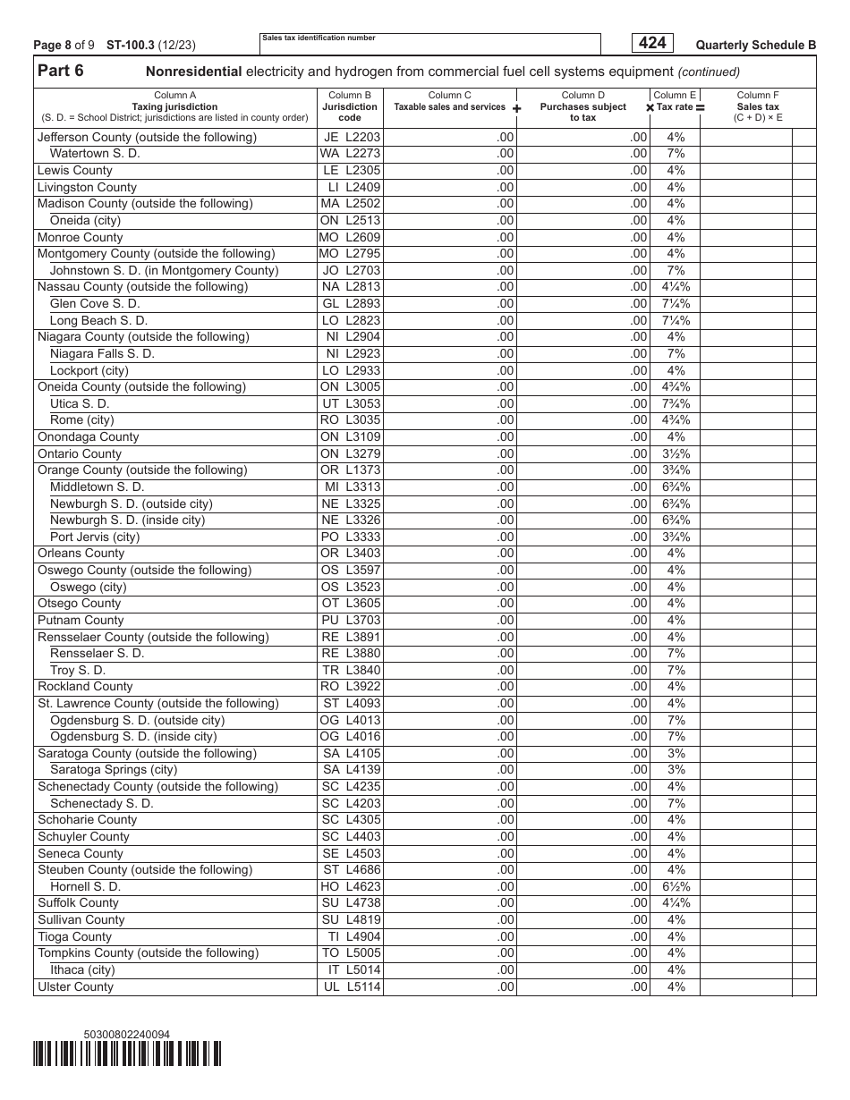 Form ST-100.3 Schedule B Taxes on Utilities and Heating Fuels - 4th Quarter - New York, Page 8