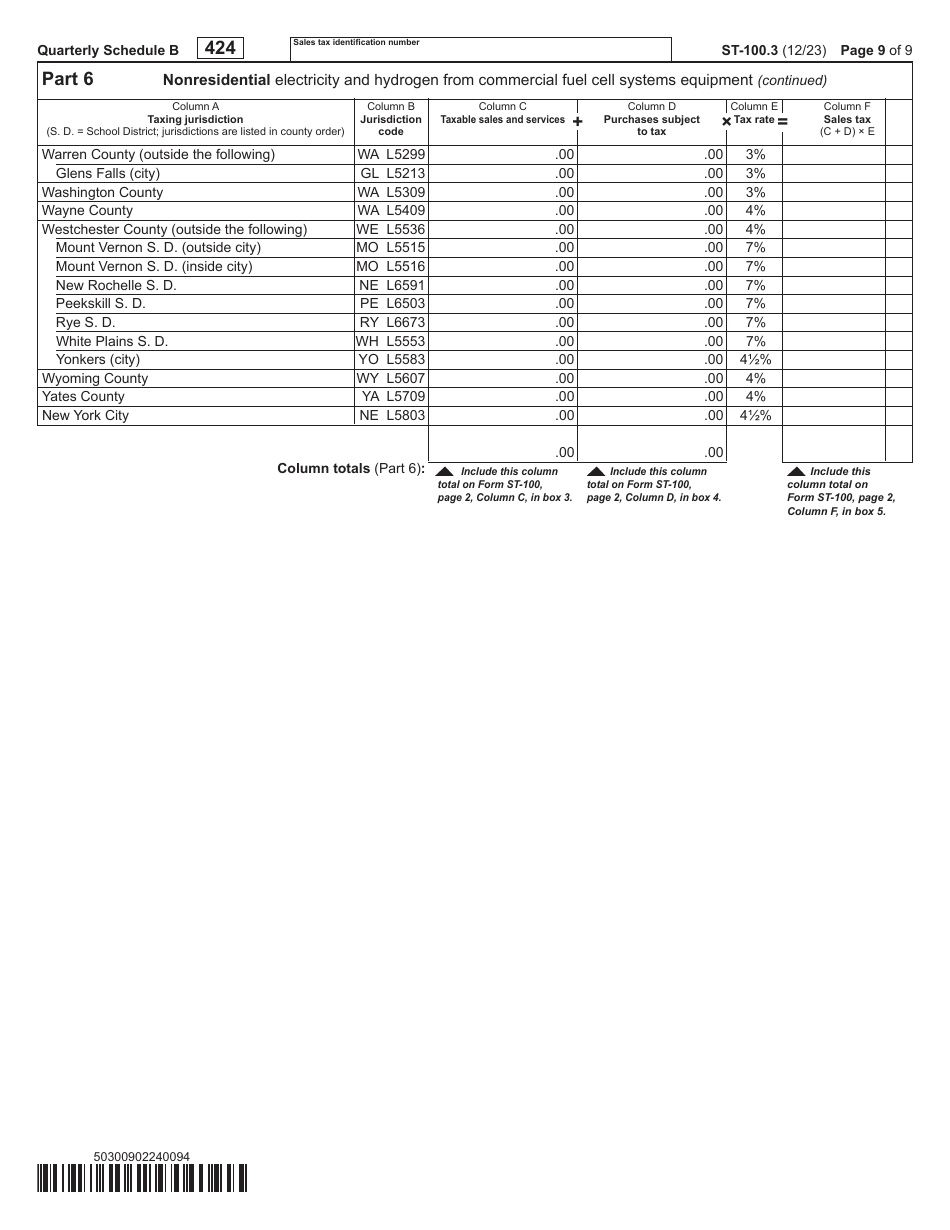 Form ST-100.3 Schedule B Taxes on Utilities and Heating Fuels - 4th Quarter - New York, Page 9