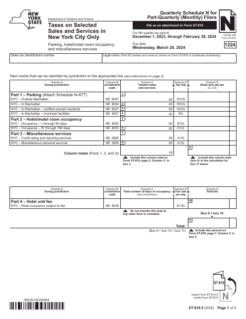 Form ST-810.5 Schedule N Taxes on Selected Sales and Services in New York City Only - Parking, Hotel/Motel Room Occupancy, and Miscellaneous Services - 4th Quarter - New York, 2024