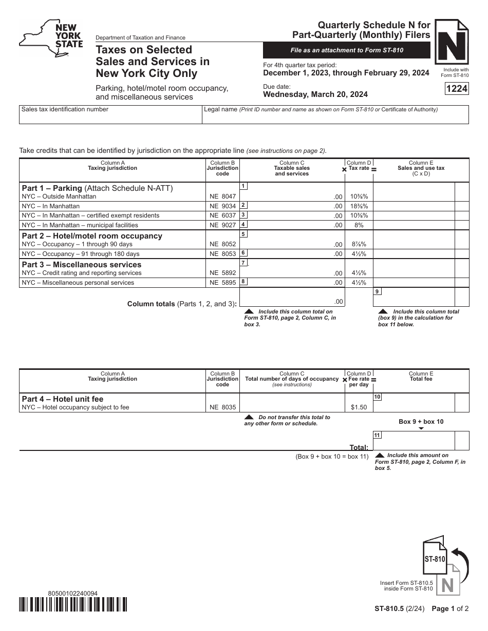 Form ST-810.5 Schedule N Taxes on Selected Sales and Services in New York City Only - Parking, Hotel / Motel Room Occupancy, and Miscellaneous Services - 4th Quarter - New York, Page 1