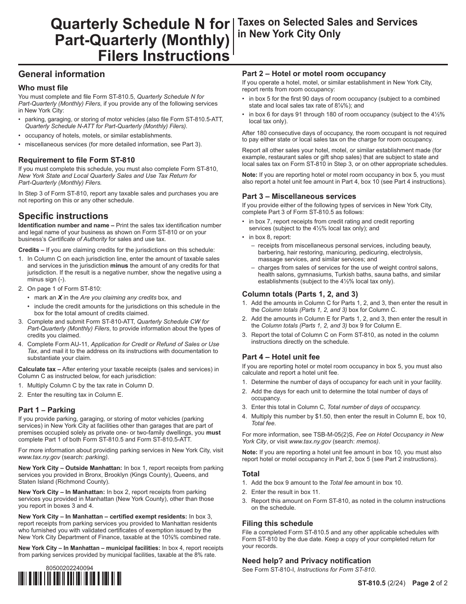 Form ST-810.5 Schedule N Taxes on Selected Sales and Services in New York City Only - Parking, Hotel / Motel Room Occupancy, and Miscellaneous Services - 4th Quarter - New York, Page 2