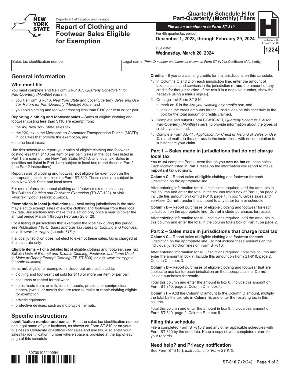 Form ST-810.7 Schedule H Report of Clothing and Footwear Sales Eligible for Exemption - 4th Quarter - New York, Page 1