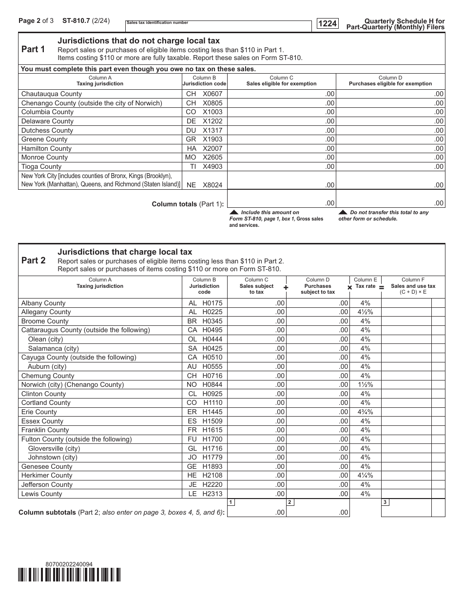 Form ST-810.7 Schedule H Report of Clothing and Footwear Sales Eligible for Exemption - 4th Quarter - New York, Page 2