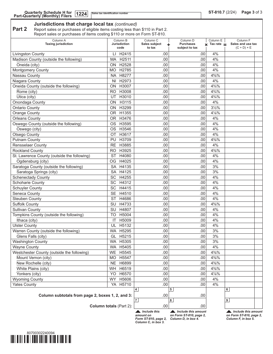 Form ST-810.7 Schedule H Report of Clothing and Footwear Sales Eligible for Exemption - 4th Quarter - New York, Page 3