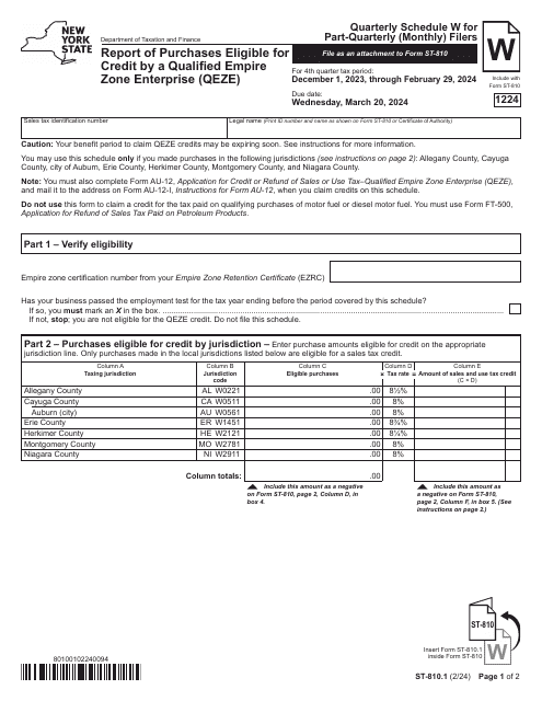 Form ST-810.1 Schedule W Report of Purchases Eligible for Credit by a Qualified Empire Zone Enterprise (Qeze) - 4th Quarter - New York, 2024