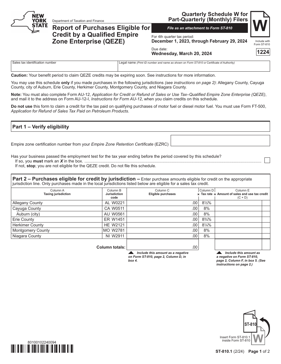 Form ST-810.1 Schedule W - 2024 - Fill Out, Sign Online and Download ...