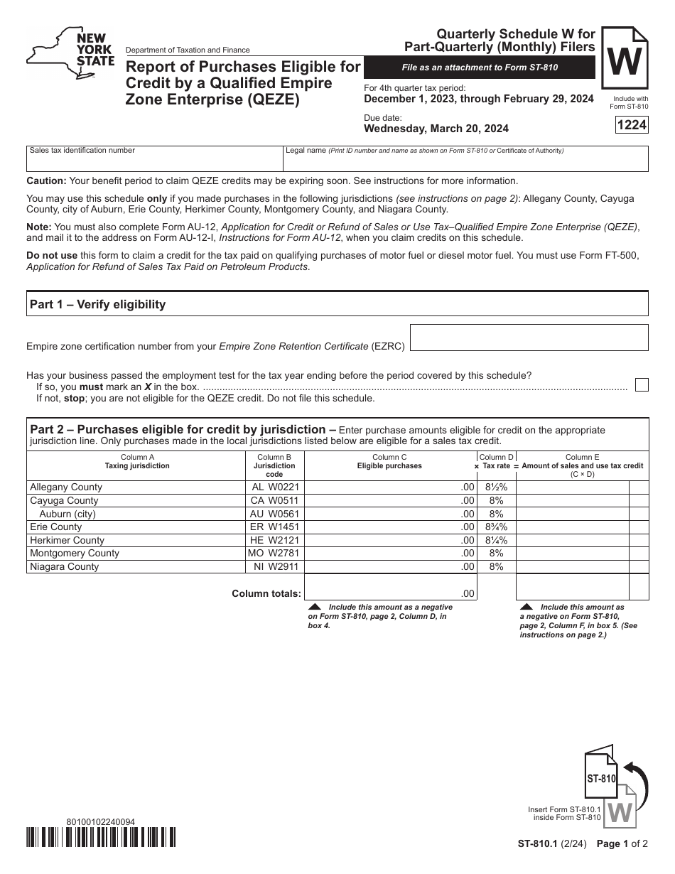 Form ST-810.1 Schedule W Report of Purchases Eligible for Credit by a Qualified Empire Zone Enterprise (Qeze) - 4th Quarter - New York, Page 1