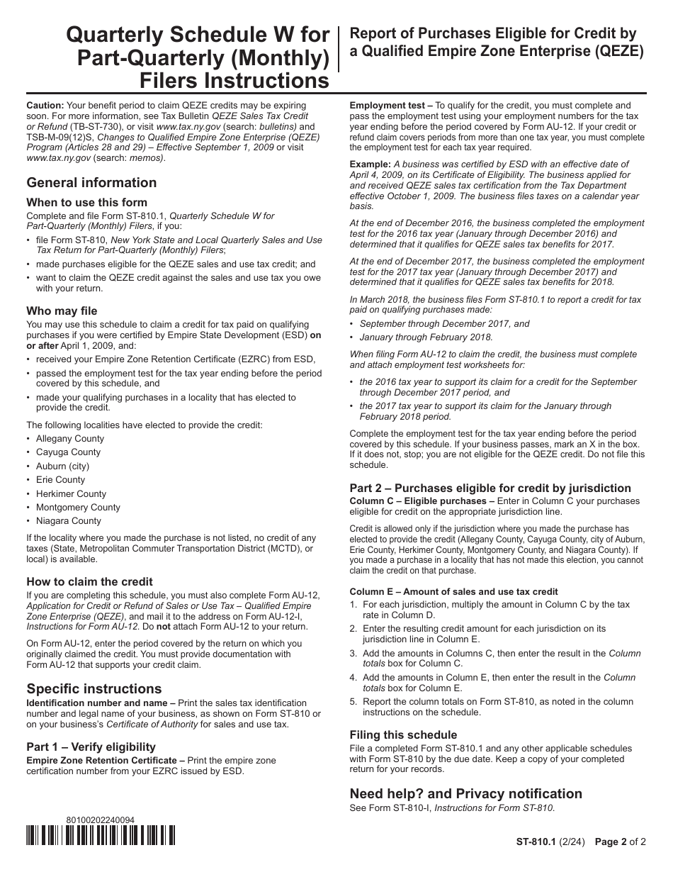 Form ST-810.1 Schedule W Report of Purchases Eligible for Credit by a Qualified Empire Zone Enterprise (Qeze) - 4th Quarter - New York, Page 2