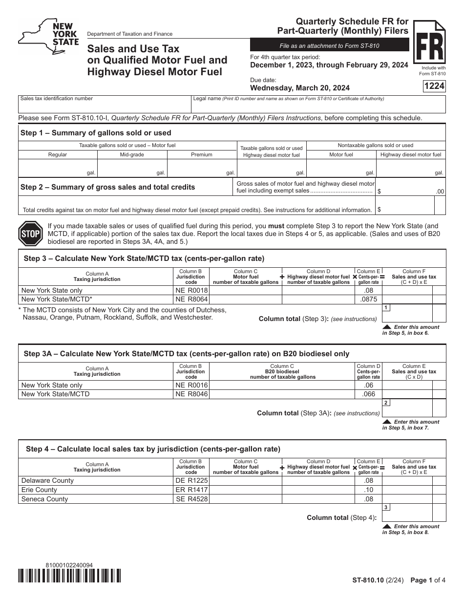 Form ST-810.10 Schedule FR Sales and Use Tax on Qualified Motor Fuel and Highway Diesel Motor Fuel - 4th Quarter - New York, Page 1
