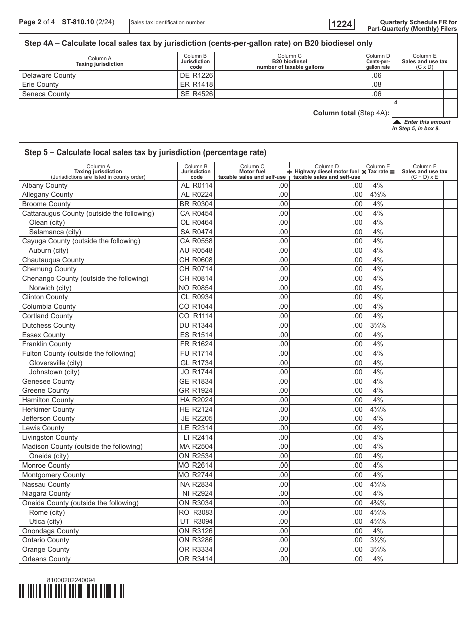 Form ST-810.10 Schedule FR Sales and Use Tax on Qualified Motor Fuel and Highway Diesel Motor Fuel - 4th Quarter - New York, Page 2