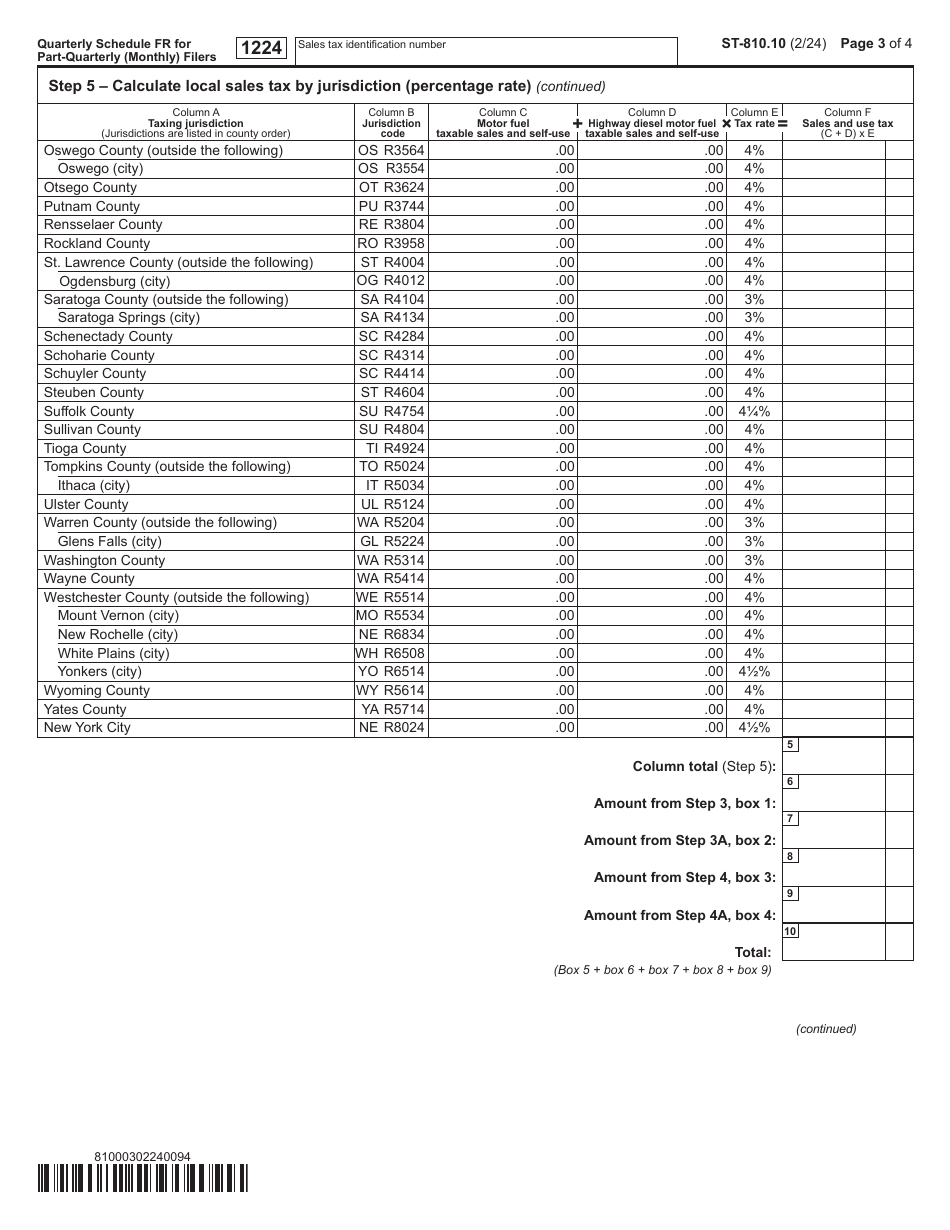 Form ST-810.10 Schedule FR Sales and Use Tax on Qualified Motor Fuel and Highway Diesel Motor Fuel - 4th Quarter - New York, Page 3