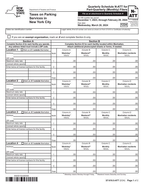 Form ST-810.5-ATT Schedule N-ATT Taxes on Parking Services in New York City - 4th Quarter - New York, 2024