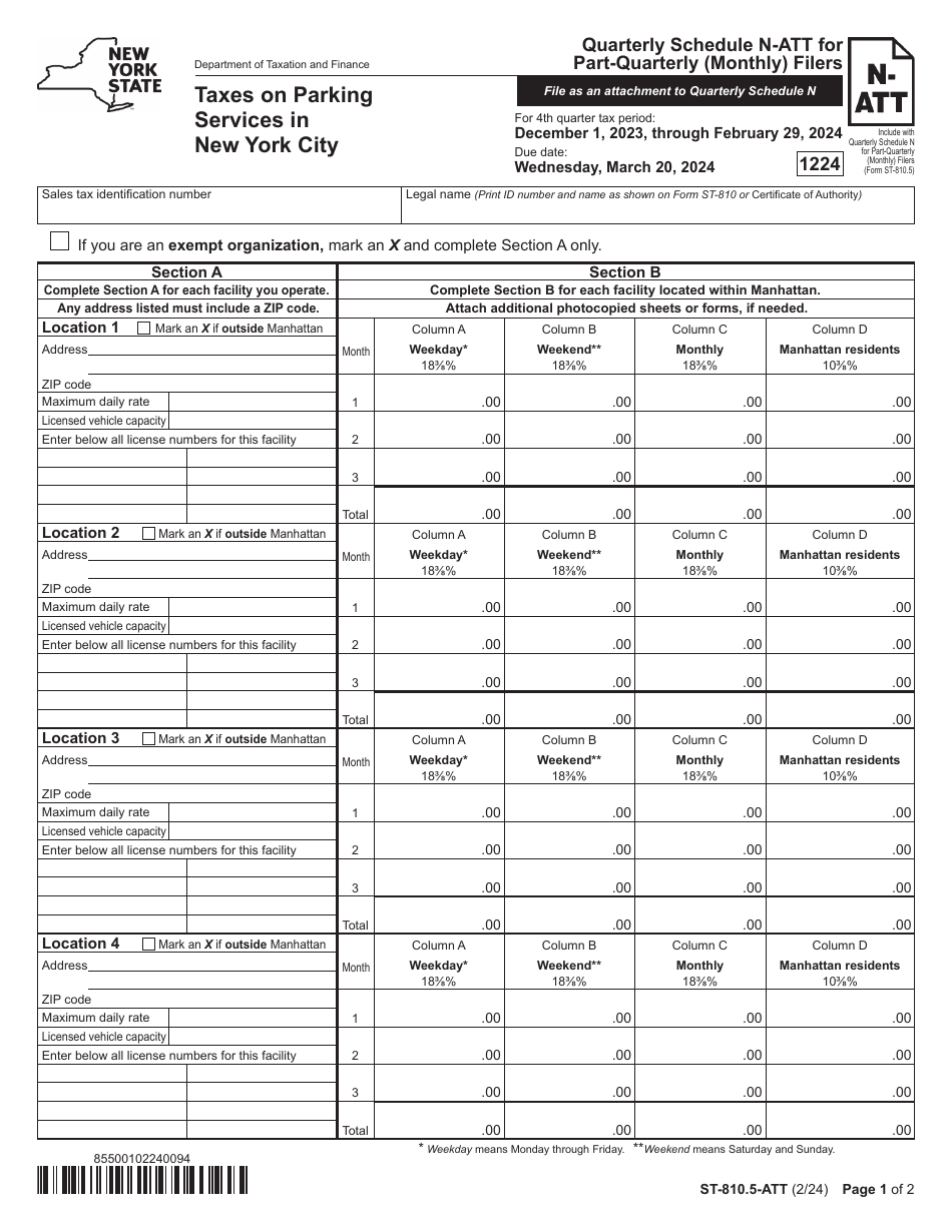 Form ST-810.5-ATT Schedule N-ATT Taxes on Parking Services in New York City - 4th Quarter - New York, Page 1