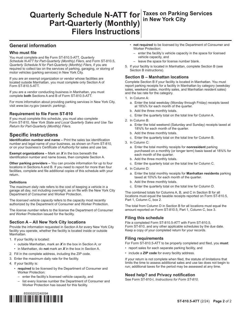 Form ST-810.5-ATT Schedule N-ATT Taxes on Parking Services in New York City - 4th Quarter - New York, Page 2