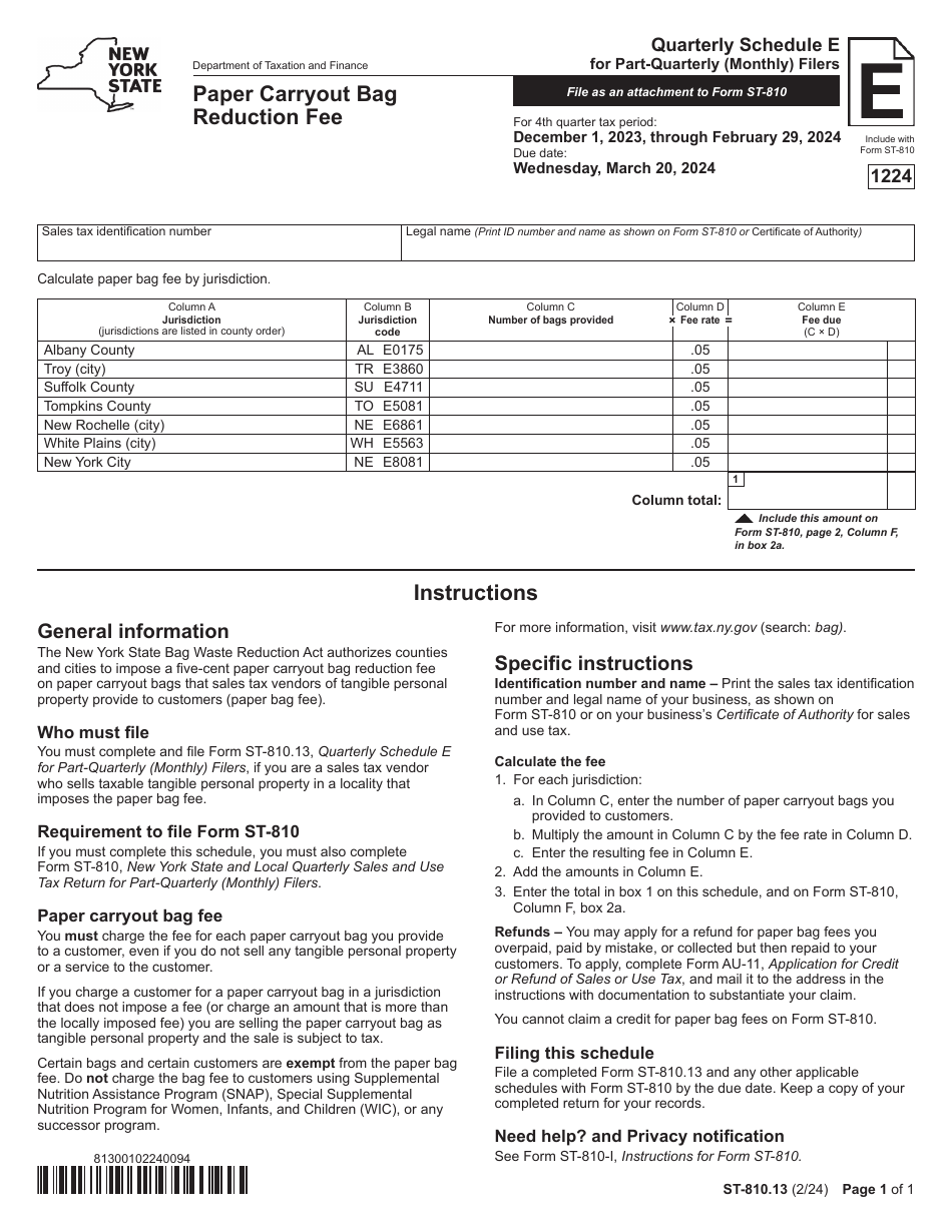 Form ST-810.13 Schedule E Paper Carryout Bag Reduction Fee - 4th Quarter - New York, Page 1