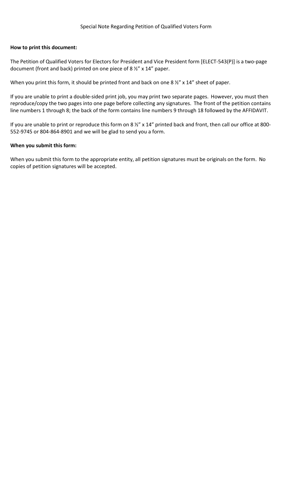 Form ELECT-543(P) Petition of Qualified Voters for Electors for President and Vice President - 8 1 / 2 X 14 Legal Size - Virginia, Page 3