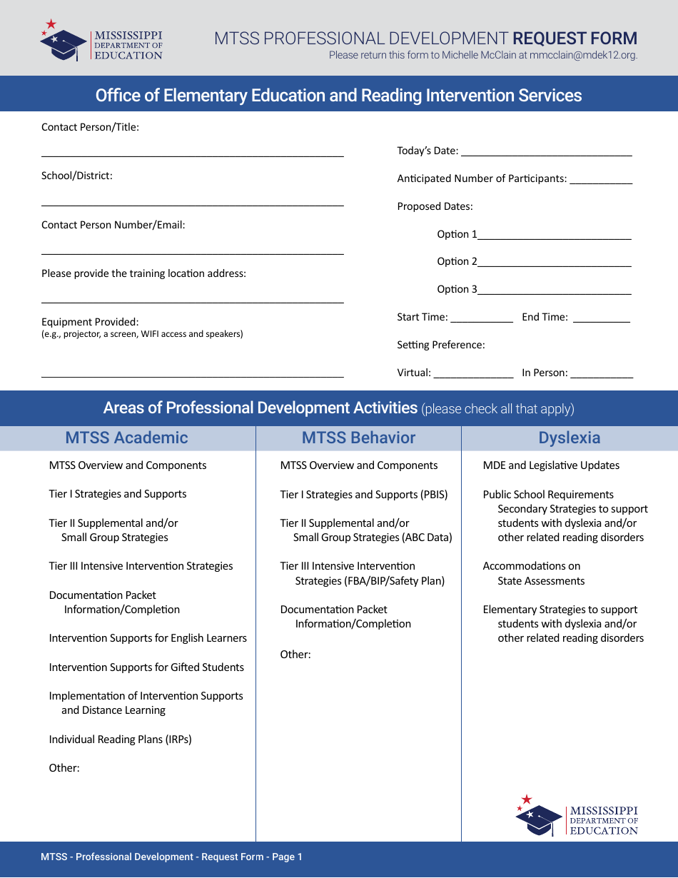 Mtss Professional Development Request Form - Mississippi, Page 1