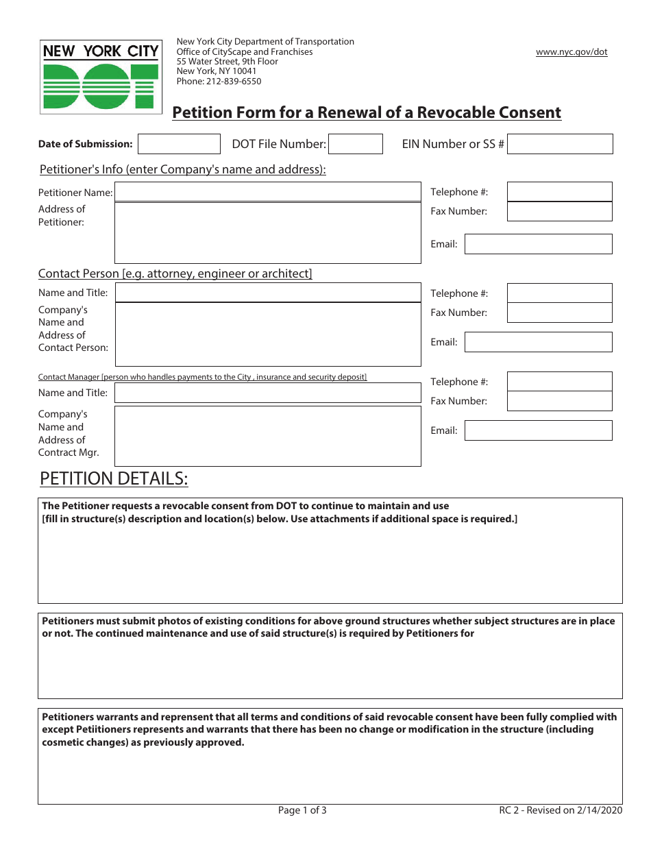 Form RC2 Petition Form for a Renewal of a Revocable Consent - New York City, Page 1